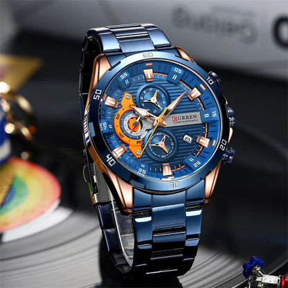 Relógio de luxo para homem CURREN 8402, novo, em aço inoxidável, estanque, com cronógrafo e iluminação noturna.