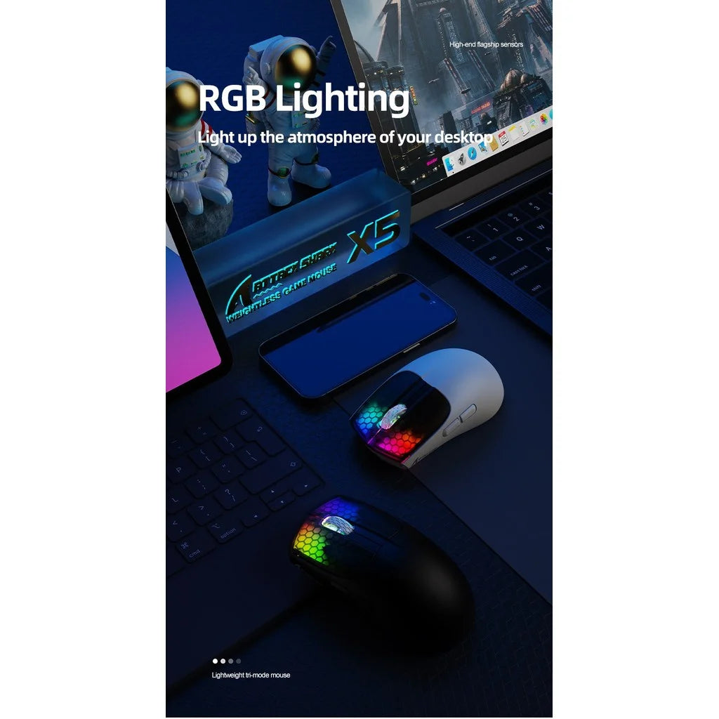 ATTACK SHARK X5 bezdrátová myš, lehká, tri-mode připojení 2.4GHz / kabel / Bluetooth, RGB makro herní myš