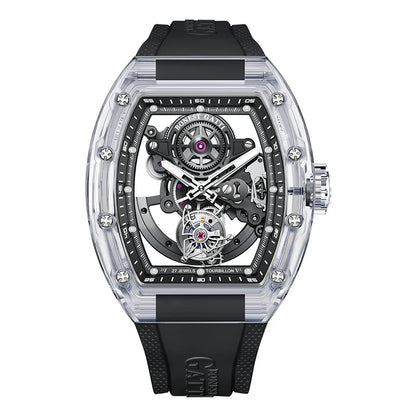 BONEST GATTI Automatic Movement Tourbillon Mechanical Wristwatch Crystal Case Luminous Watch Fluororubber Strap Watches for Men