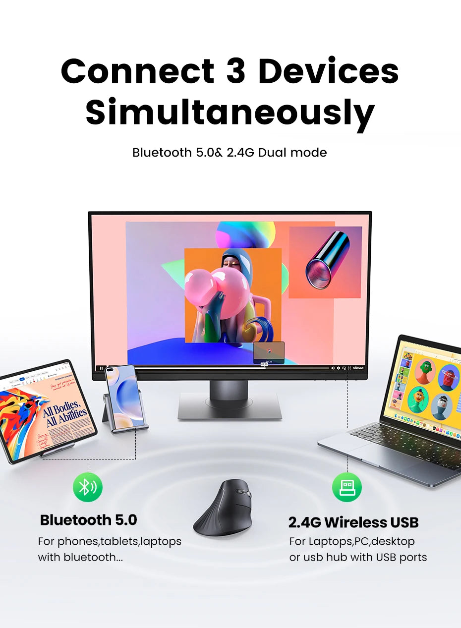Trådløs mus Bluetooth 5.0 2.4G ergonomisk 4000DPI med 6 lydløse knapper til MacBook, tablet, bærbare computere, computer og PC