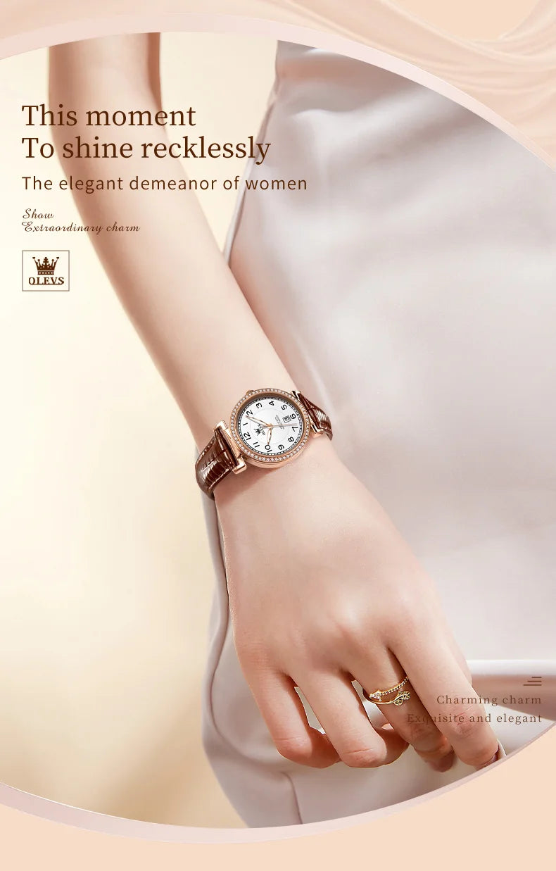 OLEVS 2025 New Fashion Womens Watches Top Brand Luxury Leather Strap Waterproof Calendar Diamond  Quartz Watch Relogio Feminino