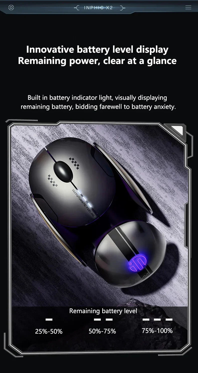 Inphic X2 trostruki način rada metalni Bluetooth bežični miš, tihi, punjivi, s e-sport pozadinskim osvjetljenjem, gaming dodatak za PC i prijenosna računala, poklon