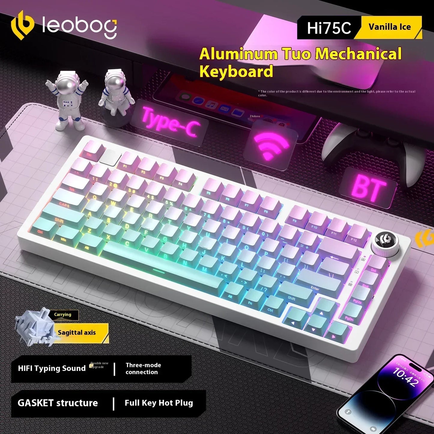 Kit de Teclado Mecânico LEOBOG Hi75C 3 Modos/Com Fio Hot-Swap com Botão Rotativo RGB, Liga de Alumínio, Montagem Gasket, Kit de Teclado Hi75C Personalizado para PC, Presente