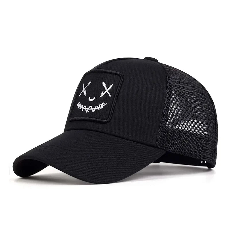 Uomo Donna Cappellini da baseball con ricamo a forma di faccina sorridente in cotone, regolabili con chiusura a scatto, cappellini Hip Hop in rete, cappellini estivi da esterno, cappellini da sole, cappellini da papà
