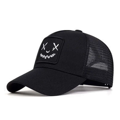 Uomo Donna Cappellini da baseball con ricamo a forma di faccina sorridente in cotone, regolabili con chiusura a scatto, cappellini Hip Hop in rete, cappellini estivi da esterno, cappellini da sole, cappellini da papà