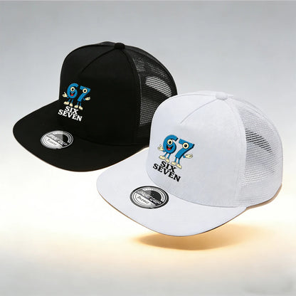 1/2PC Flat Brim Mesh Trucker Hat, Breathable, Cartoon 67 SIX SEVEN Anthropomorphic Print, Retro Streetwear for Men Women