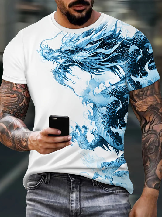 Tricou pentru bărbați cu imprimeu dragon, material respirabil casual, tricou grafic în stil streetwear pentru exterior, cămașă de modă cu mânecă scurtă pentru bărbați