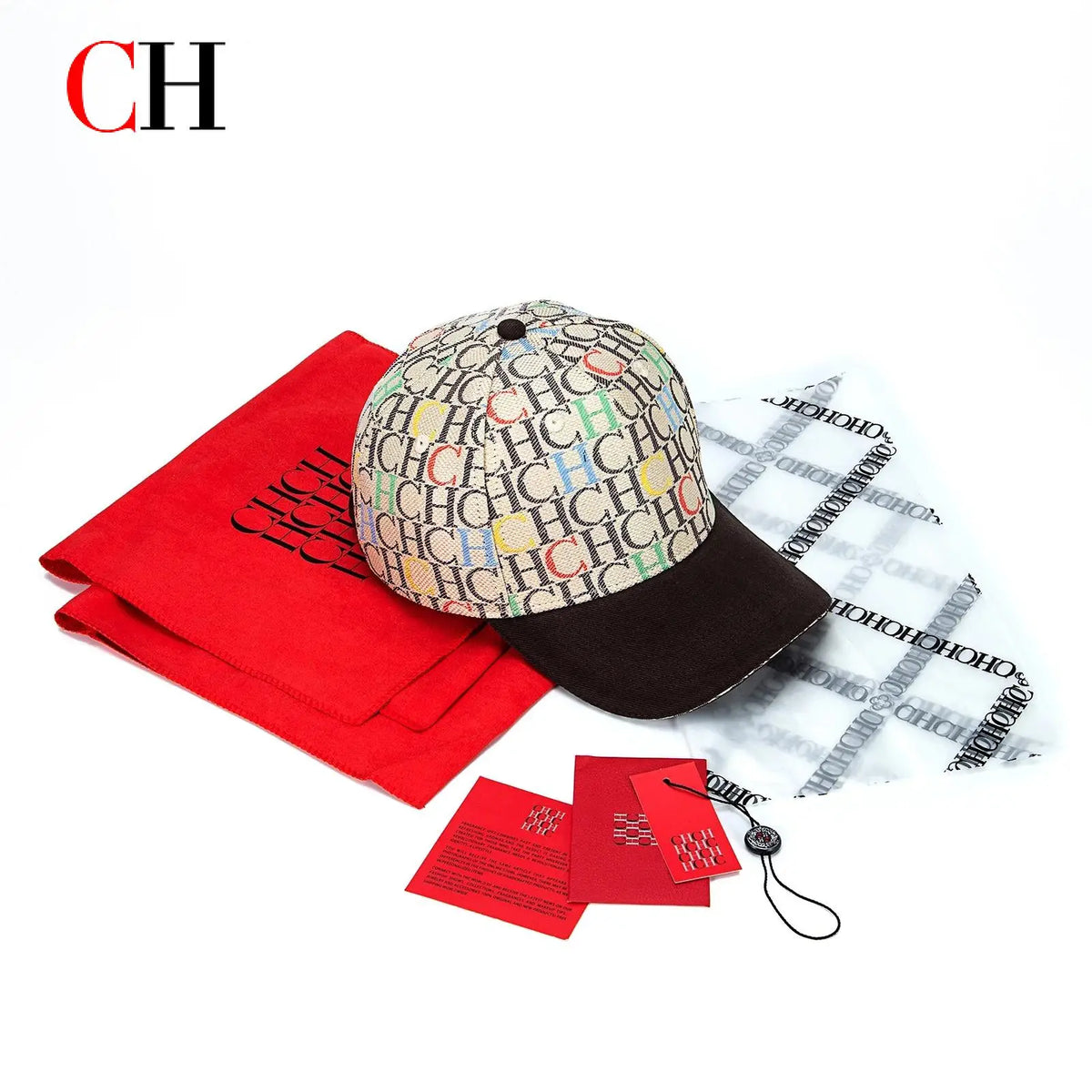 CH Monogramtryckt basebollkeps, strukturerad, justerbar, unisex, ”dad hat”, solskärm, streetwear, svart vävt tyg, casual keps