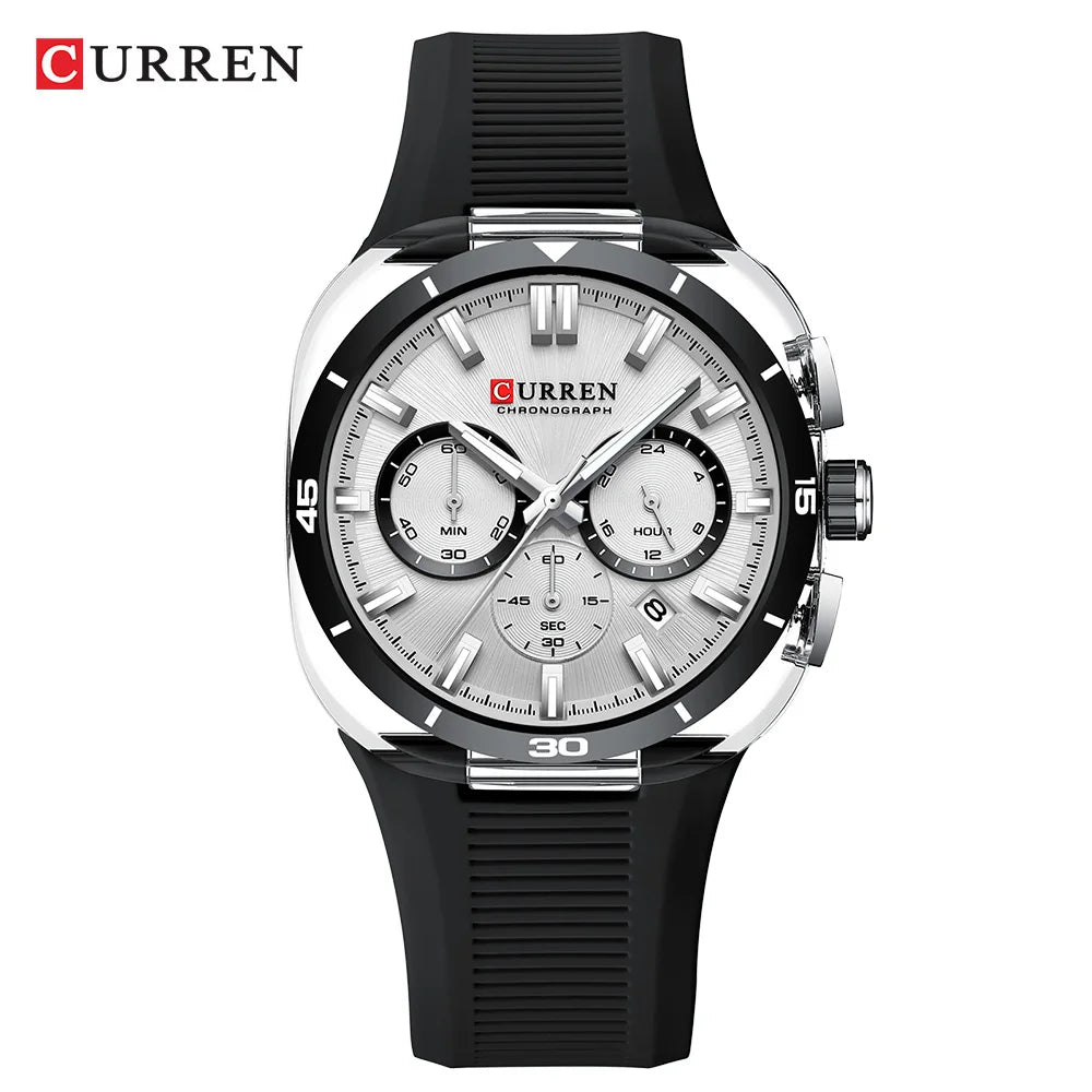 Relógio de homem CURREN – Novo modelo de luxo com movimento de quartzo, bracelete em silicone, estilo desportivo, multifunções, à prova de água, luminoso, com indicação da data e cronómetro.
