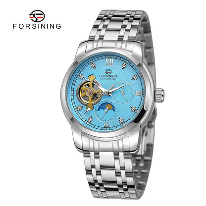 Orologio meccanico automatico da uomo Forsining – Stile lussuoso, business e alla moda, bracciale in metallo, tourbillon, lancette luminescenti, impreziosito da diamanti sintetici