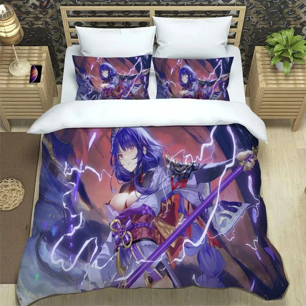 Ložní souprava Anime Genshin Impact pro chlapce a dívky, velikost Twin/Queen, povlak na přikrývku a povlak na polštář, pro děti i dospělé, módní bytový textil