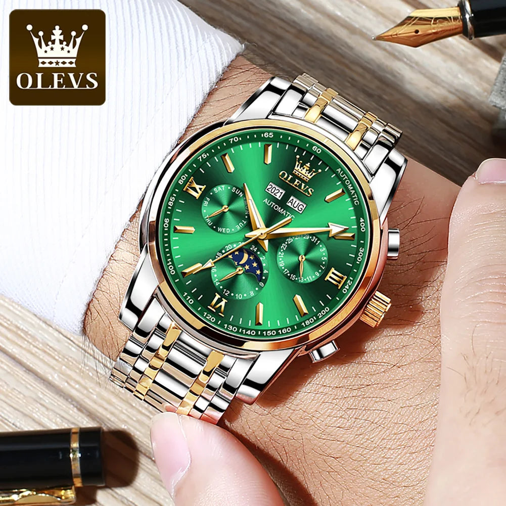 OLEVS 6633 Luxury Men's Watches Automatic Green Watch Men Stainless Steel Waterproof Business Sport Mechanical Wristwatch 6633