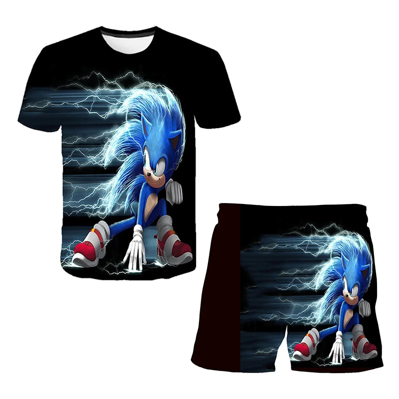 2026 Sonic The Hedgehog 3D T-shirt Set for Boys and Girls: Cute Summer Top + Shorts - Children's Short-Sleeve Birthday Gift