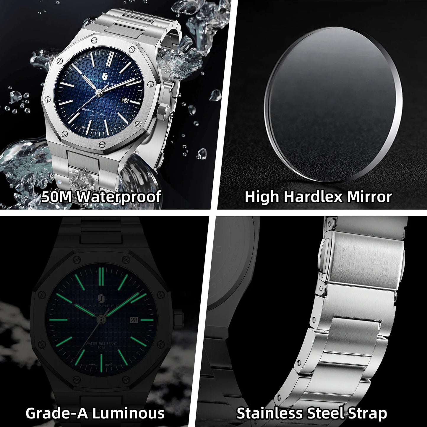 SAPPHERO Men’s Analog Watch Stainless Steel Japan Quartz Movement Date Display 50m Waterproof Classic Business Casual Wristwatch
