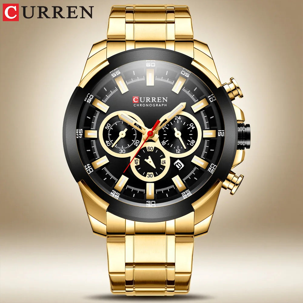 Relógio cronógrafo para homem CURREN, mostrador grande de 48 mm, bracelete em aço inoxidável, três submostradores, relógio de pulso desportivo de quartzo, estilo luxuoso