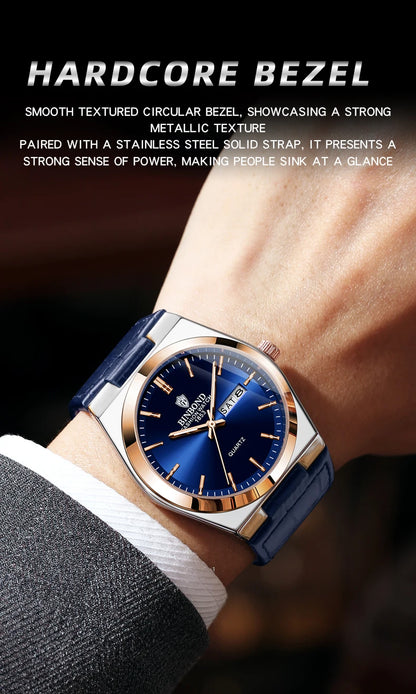 BINBOND Luxury leather strap quartz wristwatches precise luminous waterproof auto date week display durable men's watch reloj