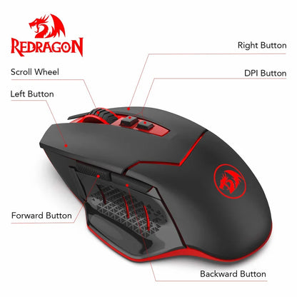 Mouse gaming wireless Redragon M690-1 2.4Ghz cu schimbare DPI, 2 butoane laterale, 2400 DPI, design ergonomic, 8 butoane - mouse negru