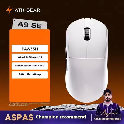 Bezdrátová herní myš ATK A9 s technologií NearLink, ergonomická, PAW3395, třírežimové Bluetooth, nízká latence, e-sportovní myš pro PC