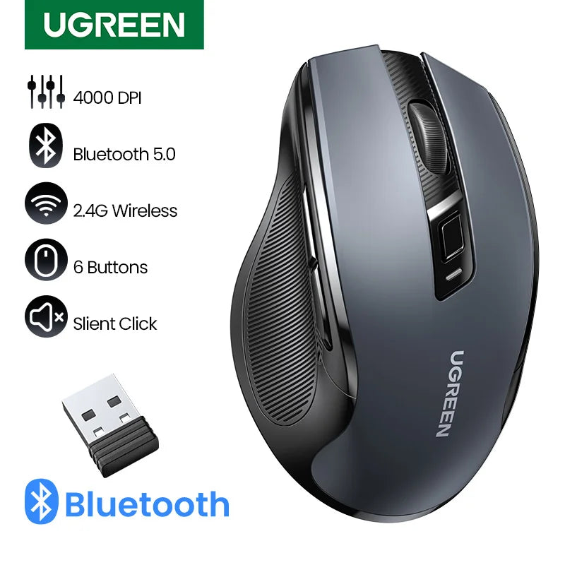 UGREEN bežični miš Bluetooth 5.0, ergonomski miš 4000DPI sa 6 tihih tipki, miš za MacBook, tablet, prijenosna računala, računalo PC, 2.4G miševi
