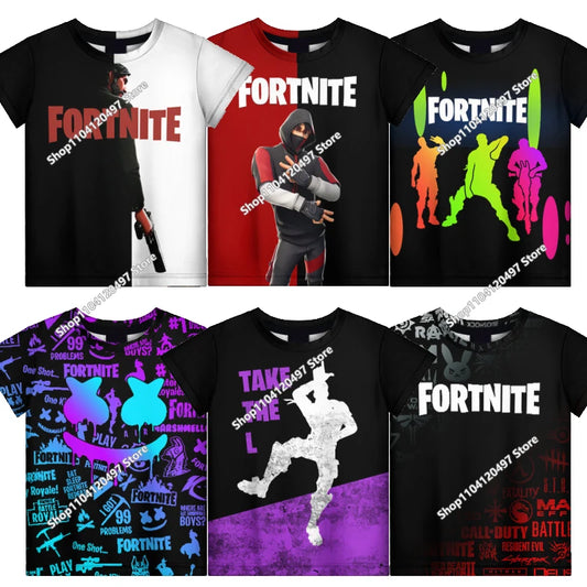 T-shirt Fortnite estilo cartoon com estampado 3D para rapazes e raparigas, roupa streetwear infantil, t-shirt divertida de gola redonda, tops de verão, presentes de aniversário