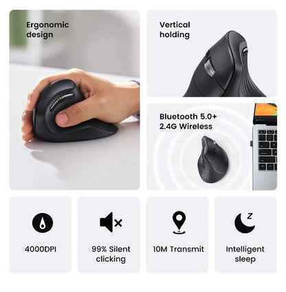 Trådløs mus Bluetooth 5.0 2.4G ergonomisk 4000DPI med 6 lydløse knapper til MacBook, tablet, bærbare computere, computer og PC