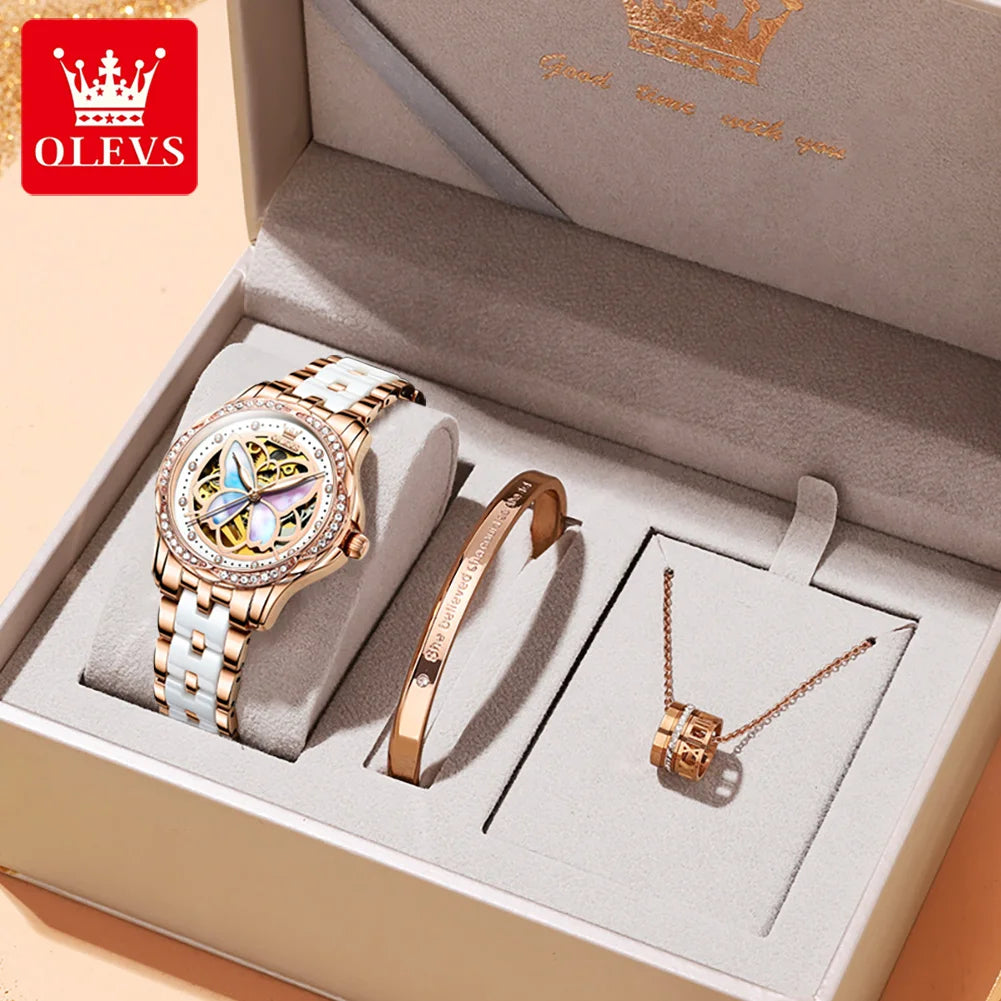OLEVS 6615 Top Original Automatic Mechanical Wrist Watch for Women Luxury Elegant Diamond Hollow Colorful Butterfly Ladies Watch