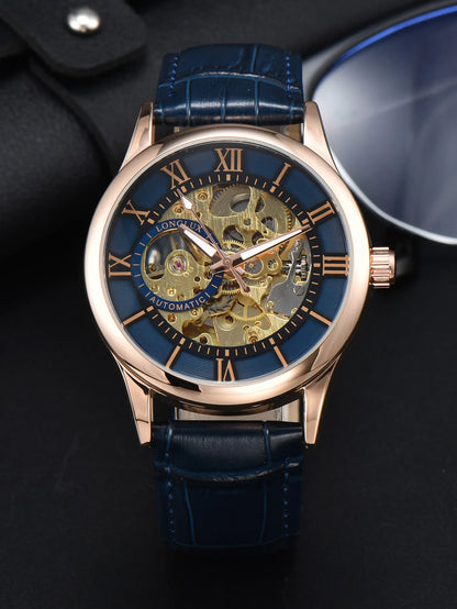 Relógio automático para homem, estilo de luxo, mostrador com algarismos romanos, mecanismo visível (esqueleto), resistente à água, ponteiros luminescentes, bracelete em pele – Uma escolha ideal para oferecer como presente.