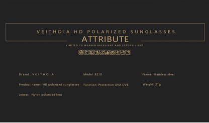 VEITHDIA Brand Men's Sunglasses Square Stainless Steel High-Definition Nylon Lenses Polarized Glasses With UV400 Protection 8210