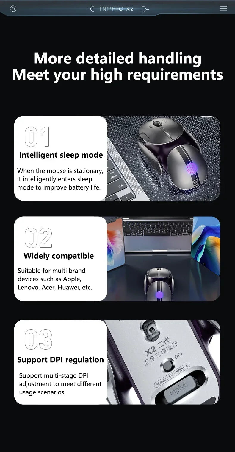 Inphic X2 trostruki način rada metalni Bluetooth bežični miš, tihi, punjivi, s e-sport pozadinskim osvjetljenjem, gaming dodatak za PC i prijenosna računala, poklon