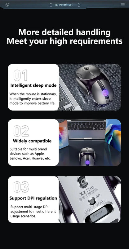 Inphic X2 trostruki način rada metalni Bluetooth bežični miš, tihi, punjivi, s e-sport pozadinskim osvjetljenjem, gaming dodatak za PC i prijenosna računala, poklon