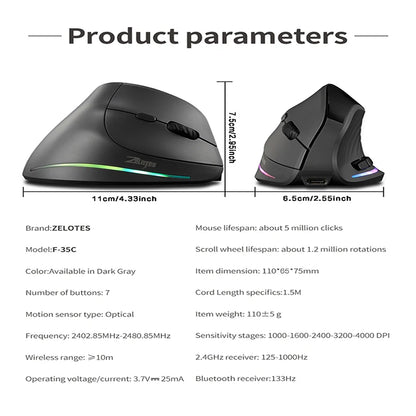 Bezprzewodowa pionowa mysz ładowalna z wyświetlaczem — ergonomiczna mysz gamingowa z 6 programowalnymi przyciskami do komputera stacjonarnego dla graczy
