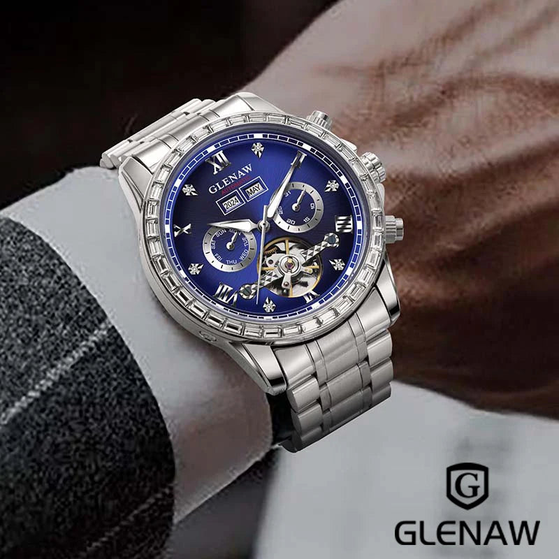 Relógio mecânico multifunções GLENAW – Modelo para homem, estilo empresarial e casual, bracelete em aço inoxidável, estanque, com calendário – Relógio de luxo