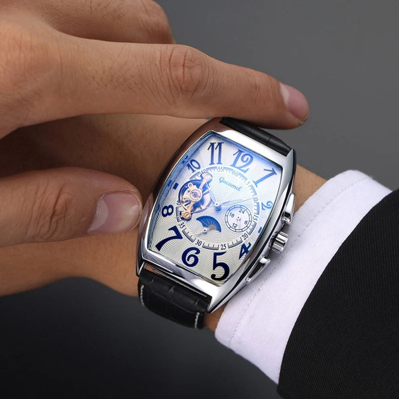 Luxury Hollow Automatic Mechanical Watch Men Tourbillon Clock Fashion Soft Leather Strap Business Watches Male Relogio Masculino