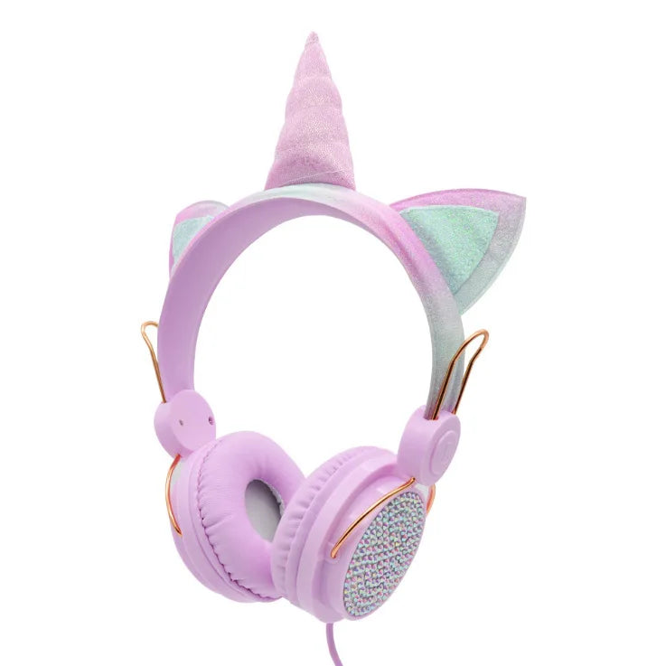 Casque filaire pour enfants, avec oreilles de chat et microphone, oreilles en peluche de licorne, idéal pour les cours en ligne, les jeux vidéo, les étudiants, les filles et les garçons.