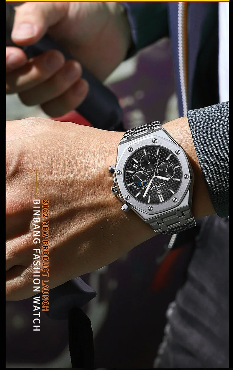 BINBOND 0161 Brand Man Quartz Watch Luxury Luminous Chronograph Wristwatch Stainless Steel Waterproof Men Date Calendar Clock