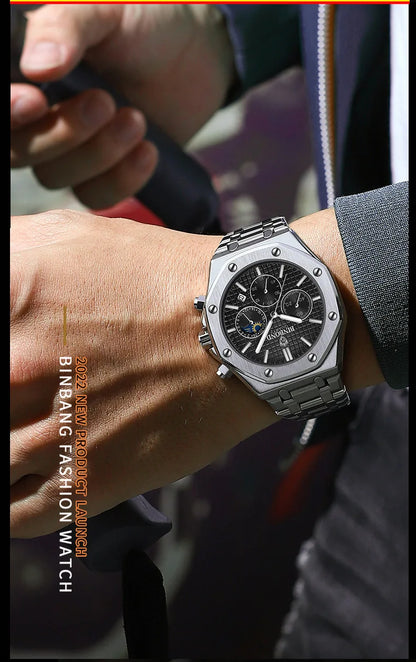 BINBOND 0161 Brand Man Quartz Watch Luxury Luminous Chronograph Wristwatch Stainless Steel Waterproof Men Date Calendar Clock