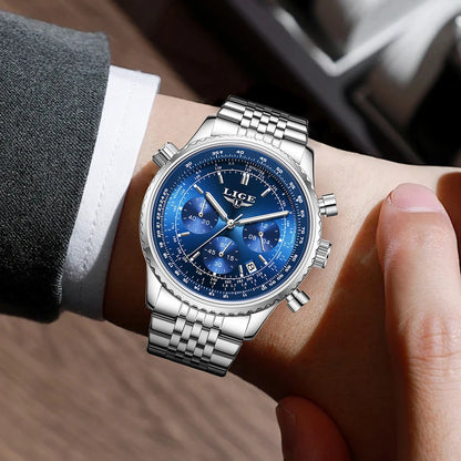Luxusní pánské hodinky LIGE – chronograf s datem, z nerezové oceli, vodotěsné, s luminiscenčními prvky, ve sportovním a vojenském stylu, pánské quartzové hodinky