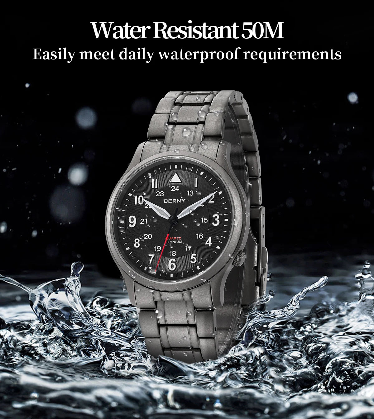 BERNY Full Titanium Watches for Men Outdoor Quartz Men's Field Wristwatch VH31 Super Luminous Sapphire Easy Read Watch