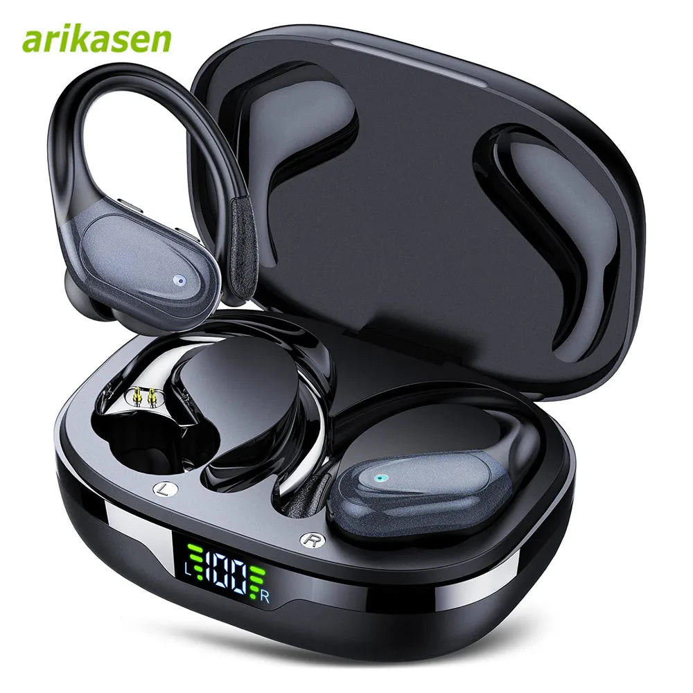 Écouteurs sans fil Sport Bluetooth 5.3, avec micro antibruit, HiFi stéréo 75H, sur l'oreille, affichage LED USB-C IPX6