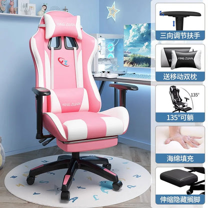 Scaun de gaming, scaun pentru computer, șezut confortabil rabatabil, pentru jocuri și live streaming, dormitor, studenți, acasă, ergonomie pentru stat prelungit pe scaun