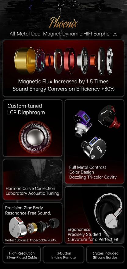 CCA Phoenix Metal Alloy Body 10mm Dual Magnetic Dynamic Coil HIFI Sound Quality In Ear Wired Esports Music Earphones