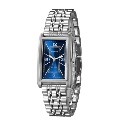 Montre carrée pour homme BERNY – Mouvement à quartz, cadran à chiffres romains, affichage luminescent, boîtier en acier inoxydable 316L – Montre rectangulaire élégante et décontractée