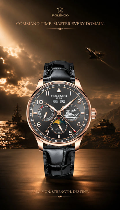 ROLENDO 1908 Men Automatic Mechanical Watch 21 Jewels Black Genuine Leather Business Wristwatch Waterproof Luxury Male Timepiece