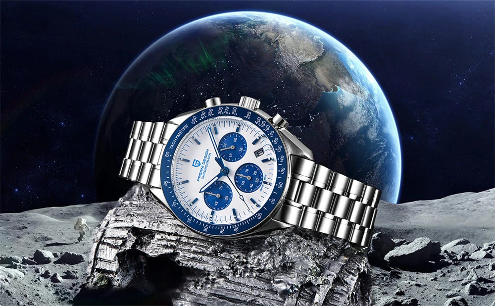 Relógio para homem PAGANI DESIGN «New Moon» – Relógio de quartzo de luxo, cronógrafo, vidro de safira com tratamento antirreflexo, luneta em cerâmica, ponteiros luminescentes