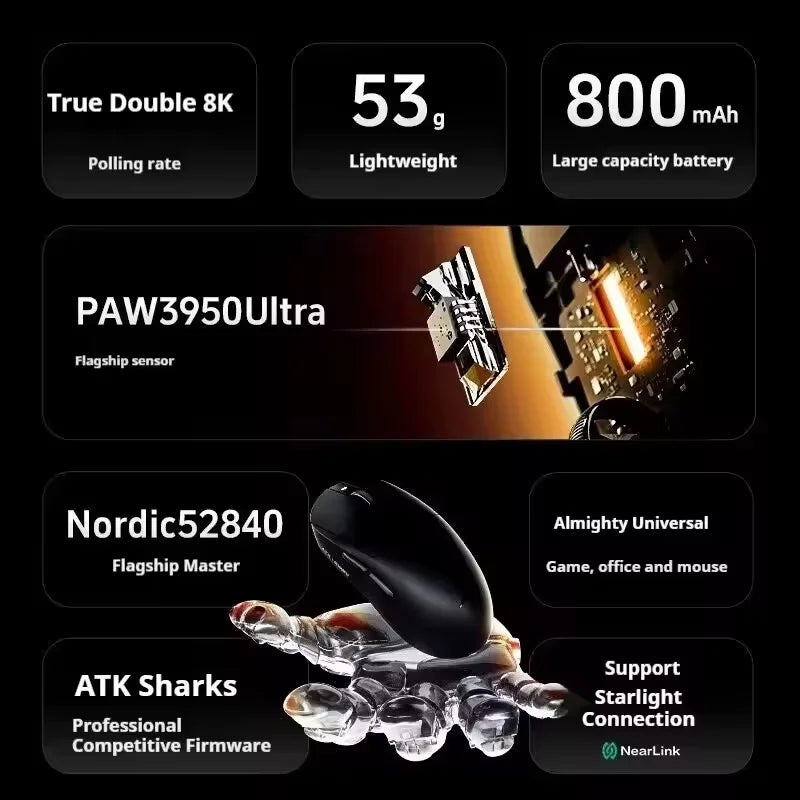 Bezdrátová herní myš ATK A9 s technologií NearLink, ergonomická, PAW3395, třírežimové Bluetooth, nízká latence, e-sportovní myš pro PC