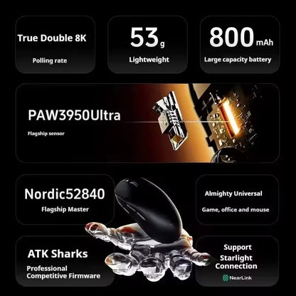 Bezdrátová herní myš ATK A9 s technologií NearLink, ergonomická, PAW3395, třírežimové Bluetooth, nízká latence, e-sportovní myš pro PC