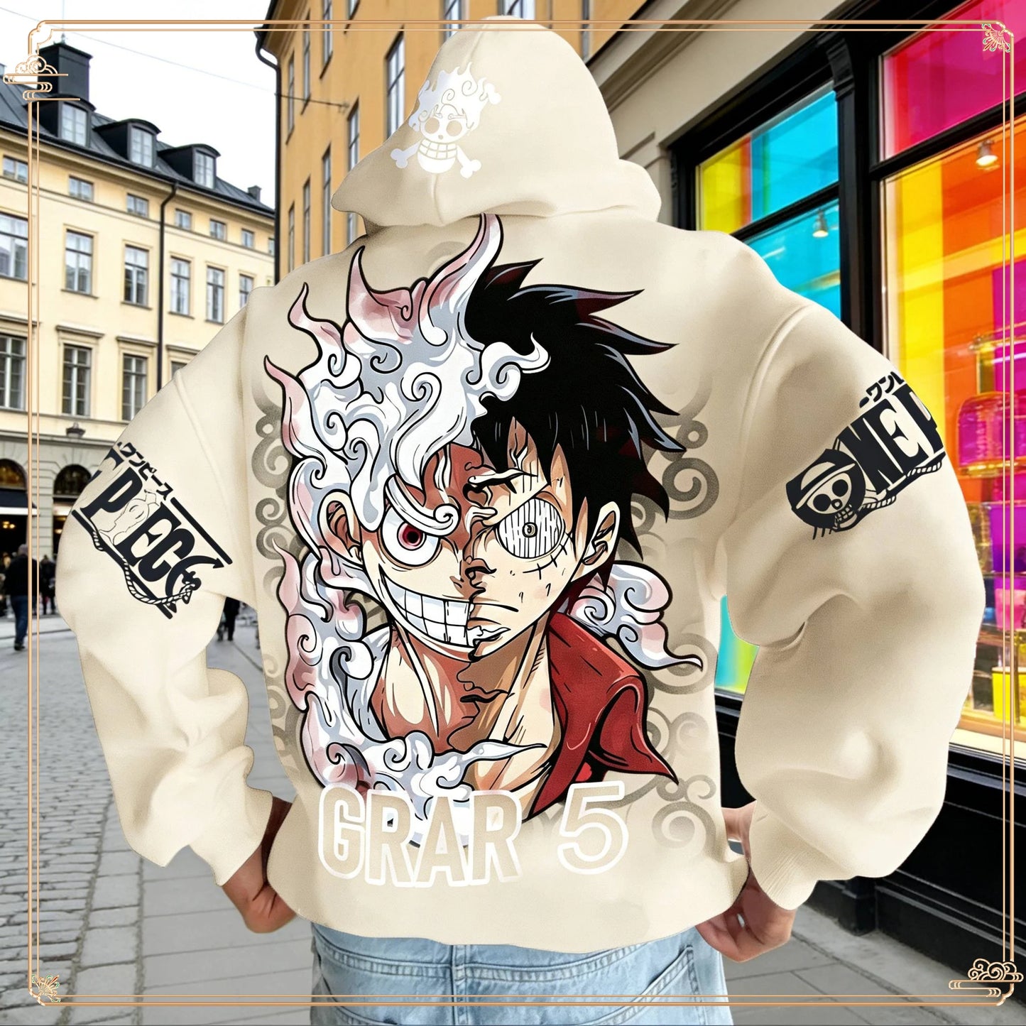 One Piece Luffy Gear 5 Hoodie Pants Set Red Cotton Tracksuit with Character Print on Hoodie Front Pant Side Loose Fit Two Piece