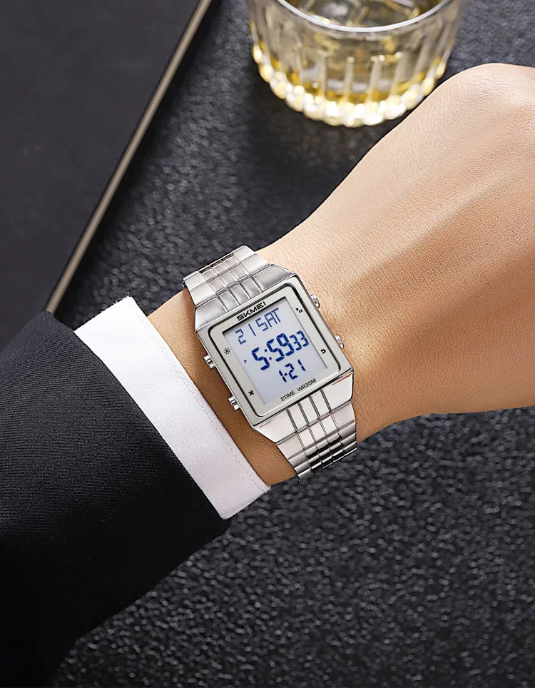 Skmei Luxury Digital Watches for Mens LED Waterproof Date Week Display Chronograph Fashion Dual Time Zones Bracelet Steel Watch