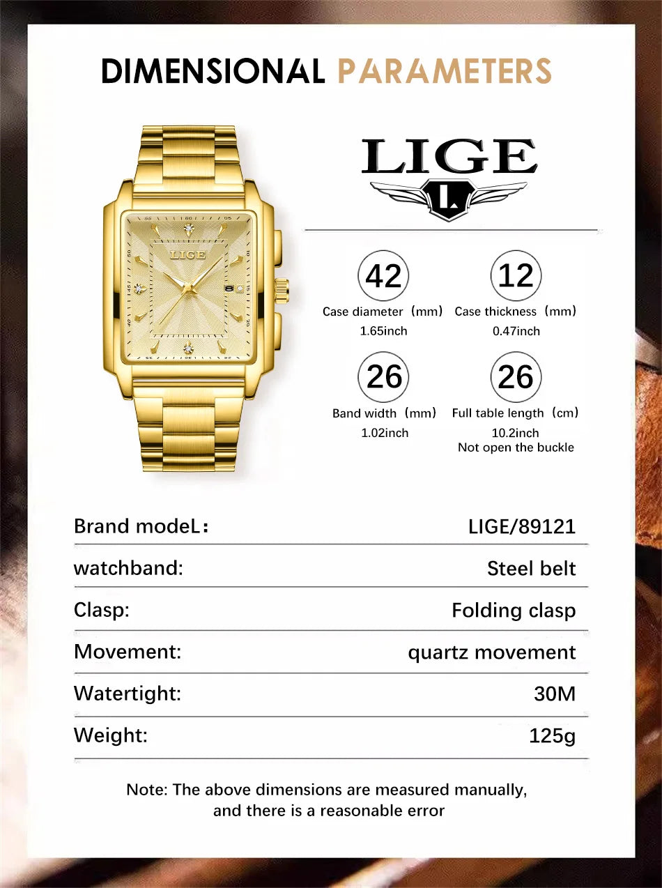 Relogio Masculino LIGE Fashion Military Watch Men Square Mens Watches Top Brand Luxury Waterproof Quartz Chronograph Wristwatch