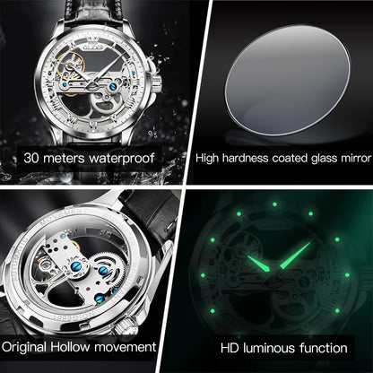 OLEVS Skeleton Automatic Mechanical Watch Men Leather Strap Luminous Waterproof Luxury Business Wristwatch For Man 6661